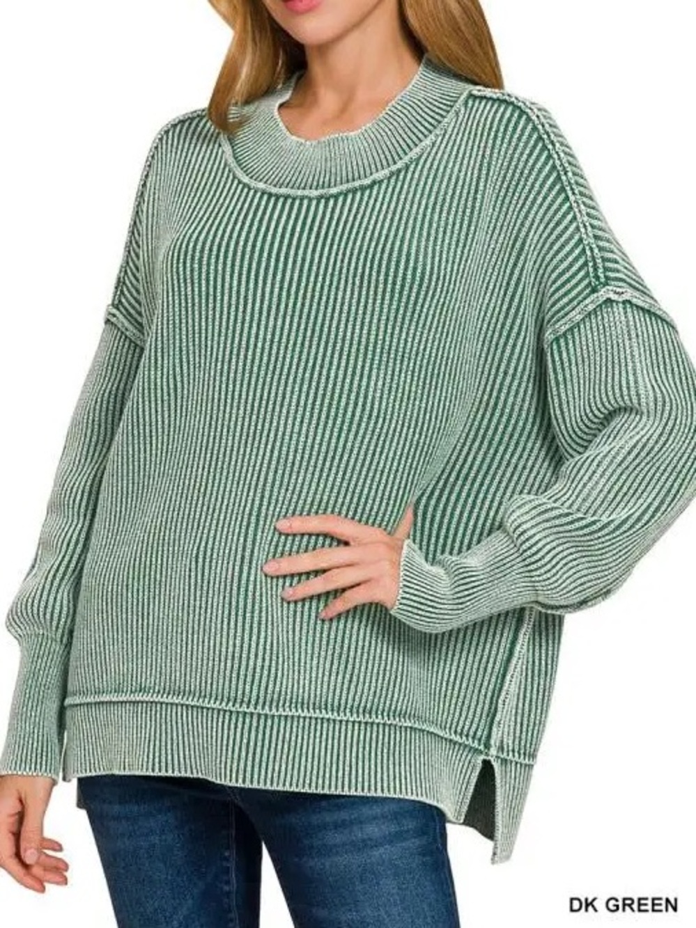 Relaxed Ribbed Crewneck Sweater - Green